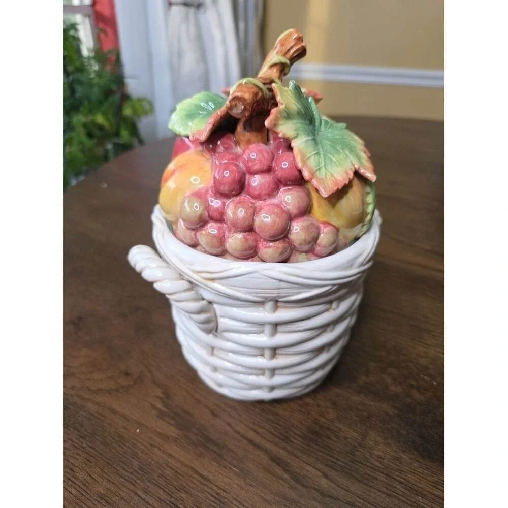 Fitz & Floyd‎ Basket Weave Cookie Jar / Canister - Apple Plums Pear Grape 9 X 7